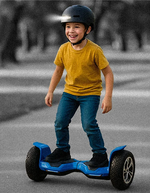 Kid with helmet on blue hoverboard