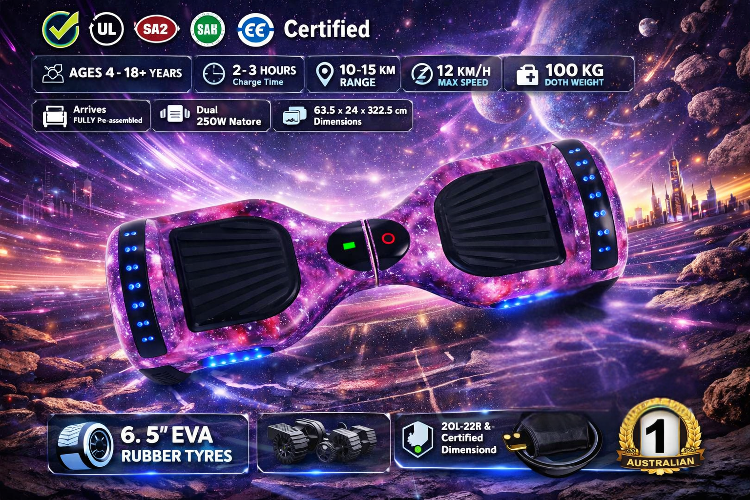 Australian Hoverboard 6.5" New Electric Purple Self-Balancing All-Terrain Hoverboard Australia