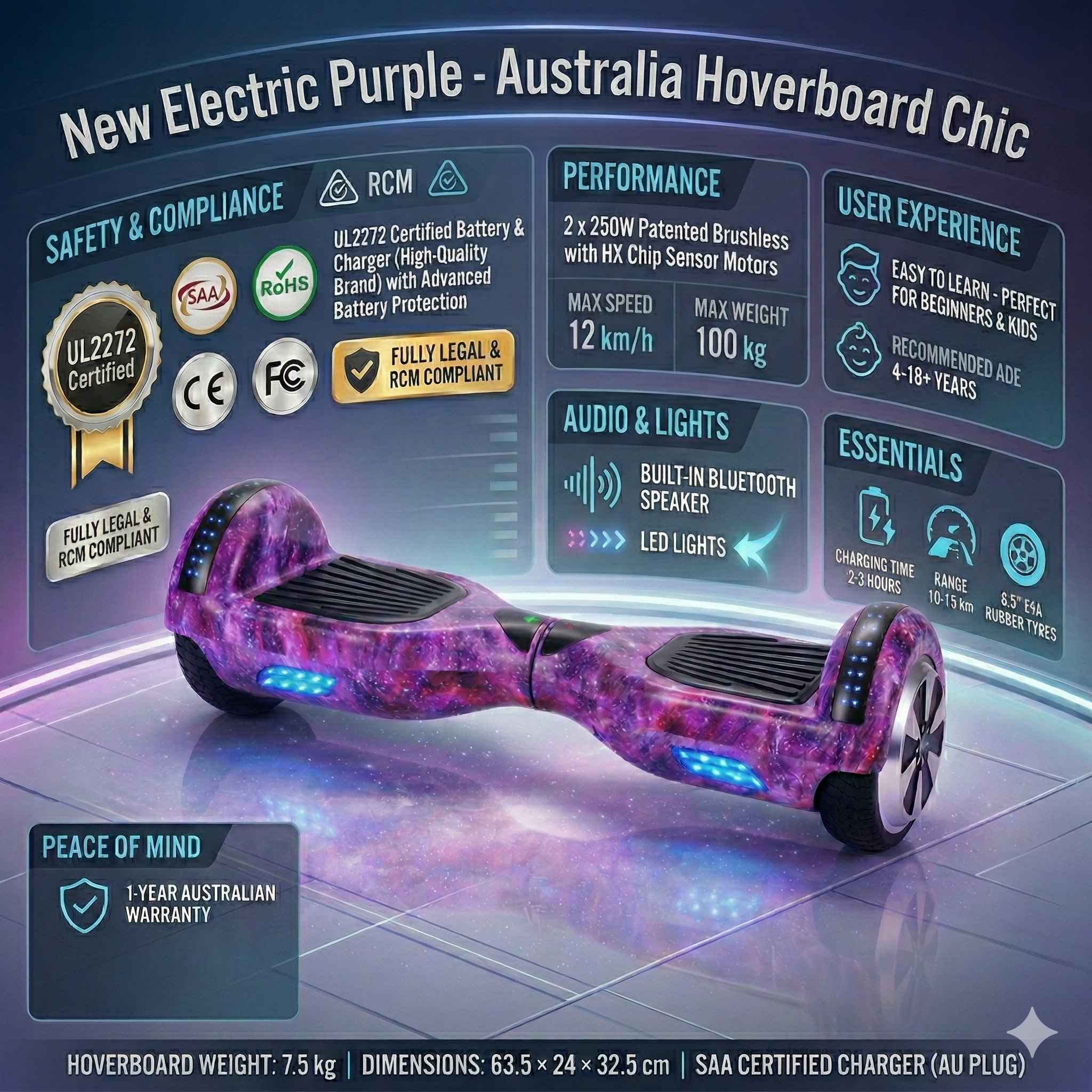 Australian Hoverboard 6.5" New Electric Purple Self-Balancing All-Terrain Hoverboard Australia