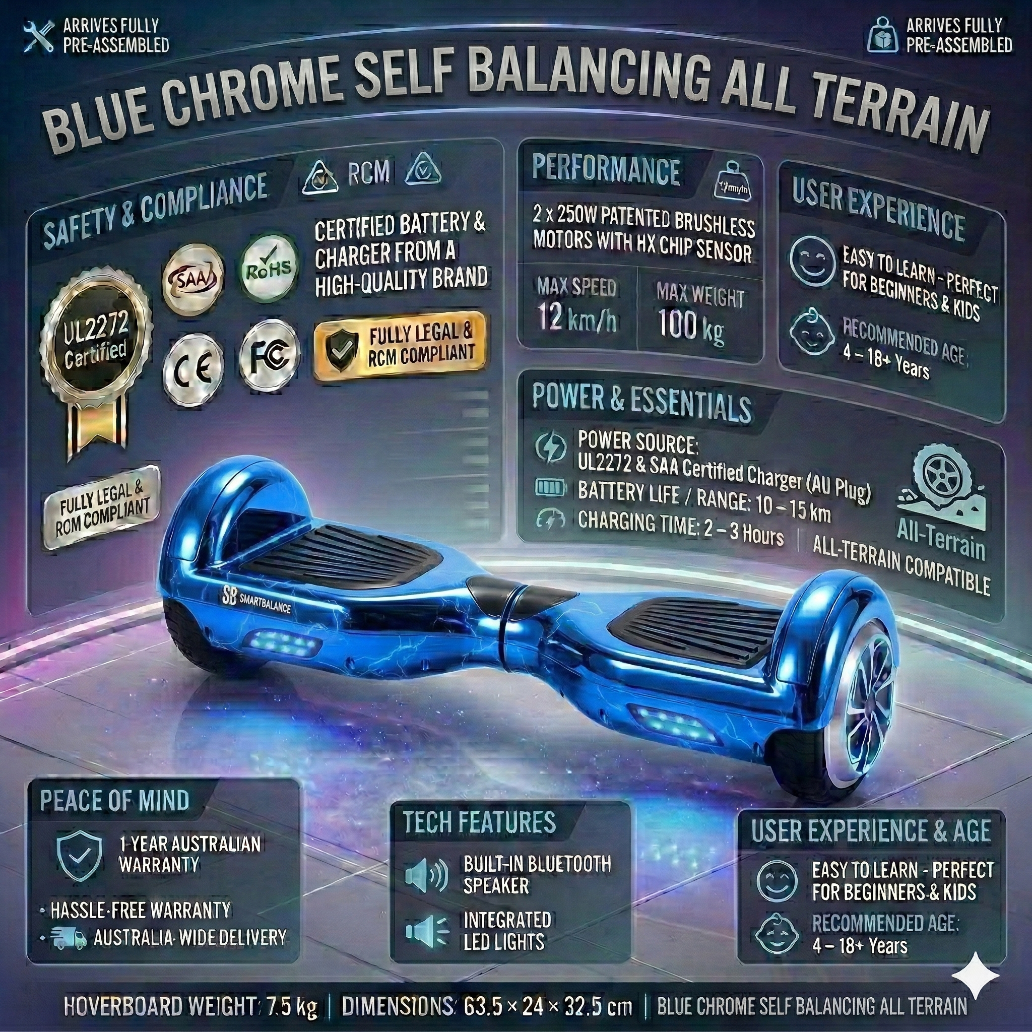 Australian Hoverboard 6.5" Blue Chrome Self-Balancing All-Terrain Hoverboard Australia